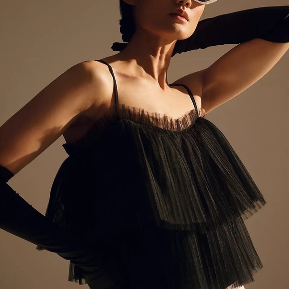 NWT Anthropologie Pleated Black Tulle Top Small - Picture 2 of 7